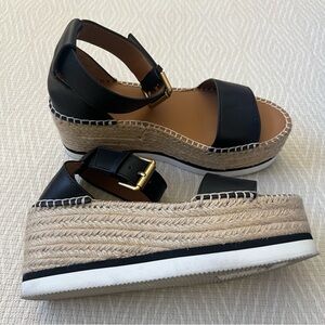 See by Chloé Black Leather Espadrille Platform Sandals (Size 6.5)